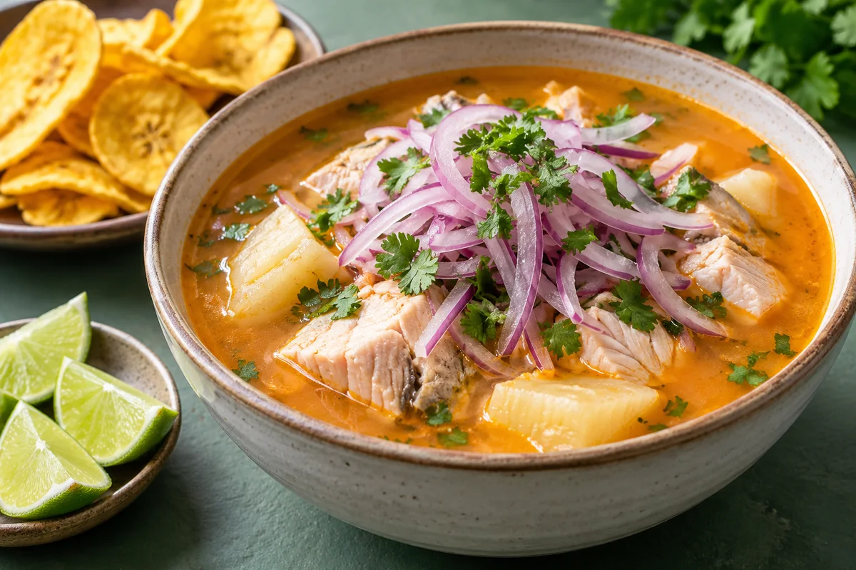 Imagen ilustrativa de encebollado ecuatoriano con cebolla y cilantro